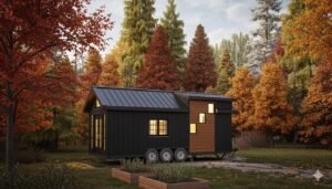 Cedar 26 tiny home on wheels with black siding, cedar accents, and metal roof, set in an Ontario autumn forest with raised garden beds in the foreground.